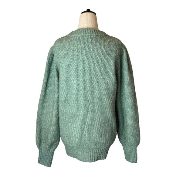FRNCH Sweater Women Large Green Fuzzy Knit Puff Ballon Sleeve Crew Neck Pullover - Picture 2 of 11